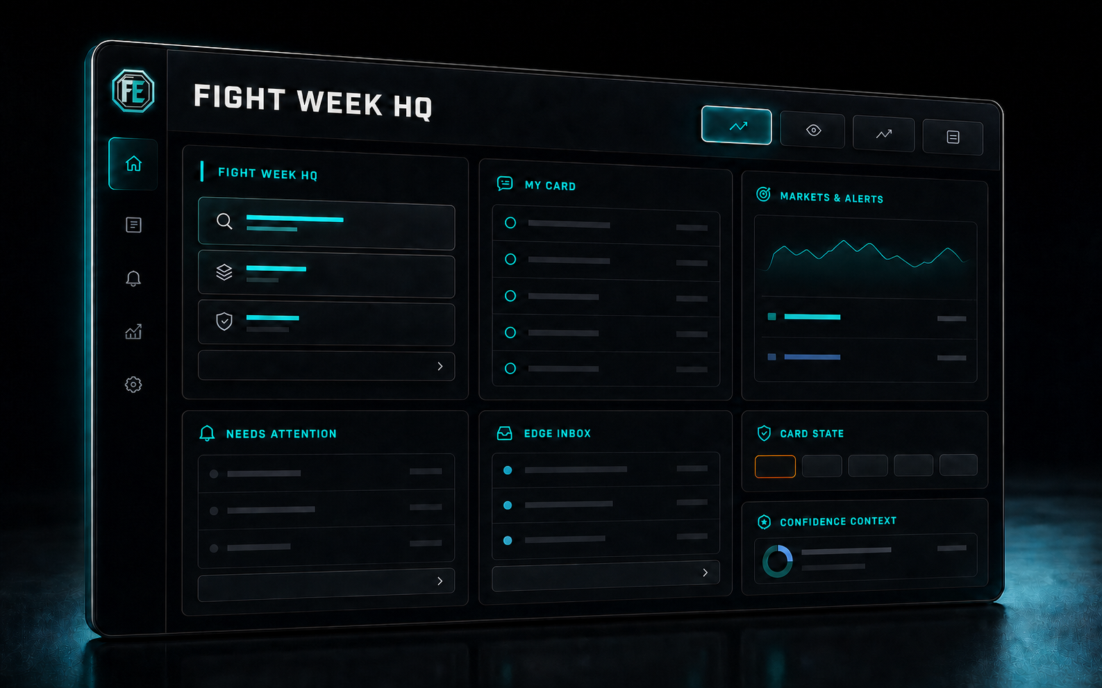 Rendered FightEdge product visualization of Fight Week HQ with My Card, Needs Attention, Markets and Alerts, Edge Inbox, Card State, and Confidence Context
